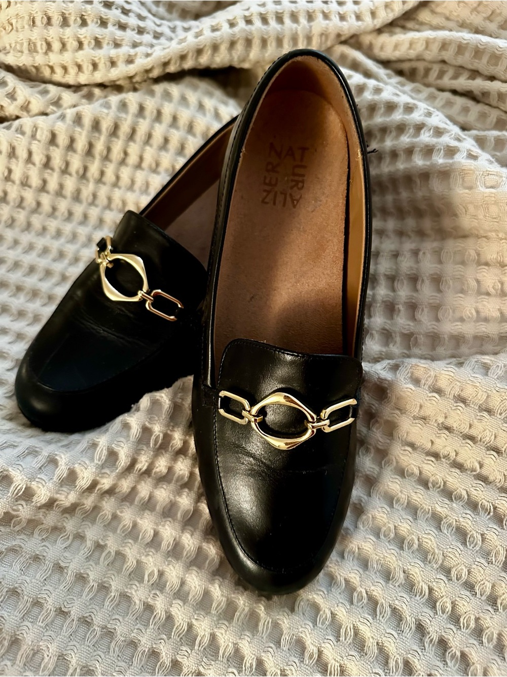 Naturalizer Black Leather Loafers with Gold Chain Accent